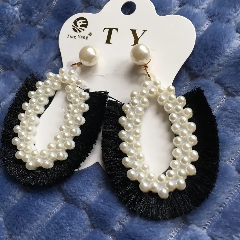 New Vintage style faux pearl fringe earrings